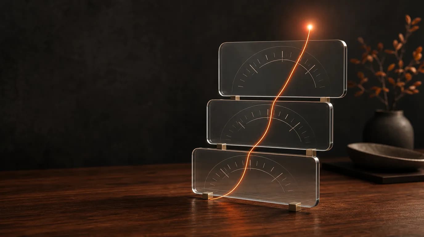 Three stacked translucent glass tiers on a dark walnut desk with one thin amber line rising through them toward a soft point of light.
