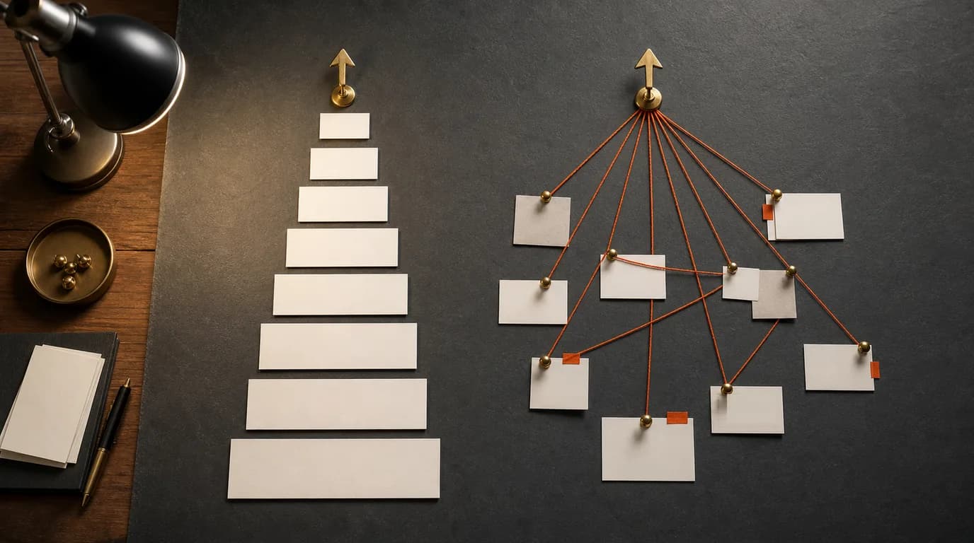 Overhead view of a dark slate desk split into two halves: on the left a brass arrow rests atop a neat ascending ladder of stacked paper cards under a focused lamp; on the right an identical arrow is linked by orange threads to a scattered cluster of small blank cards and pinned tabs.