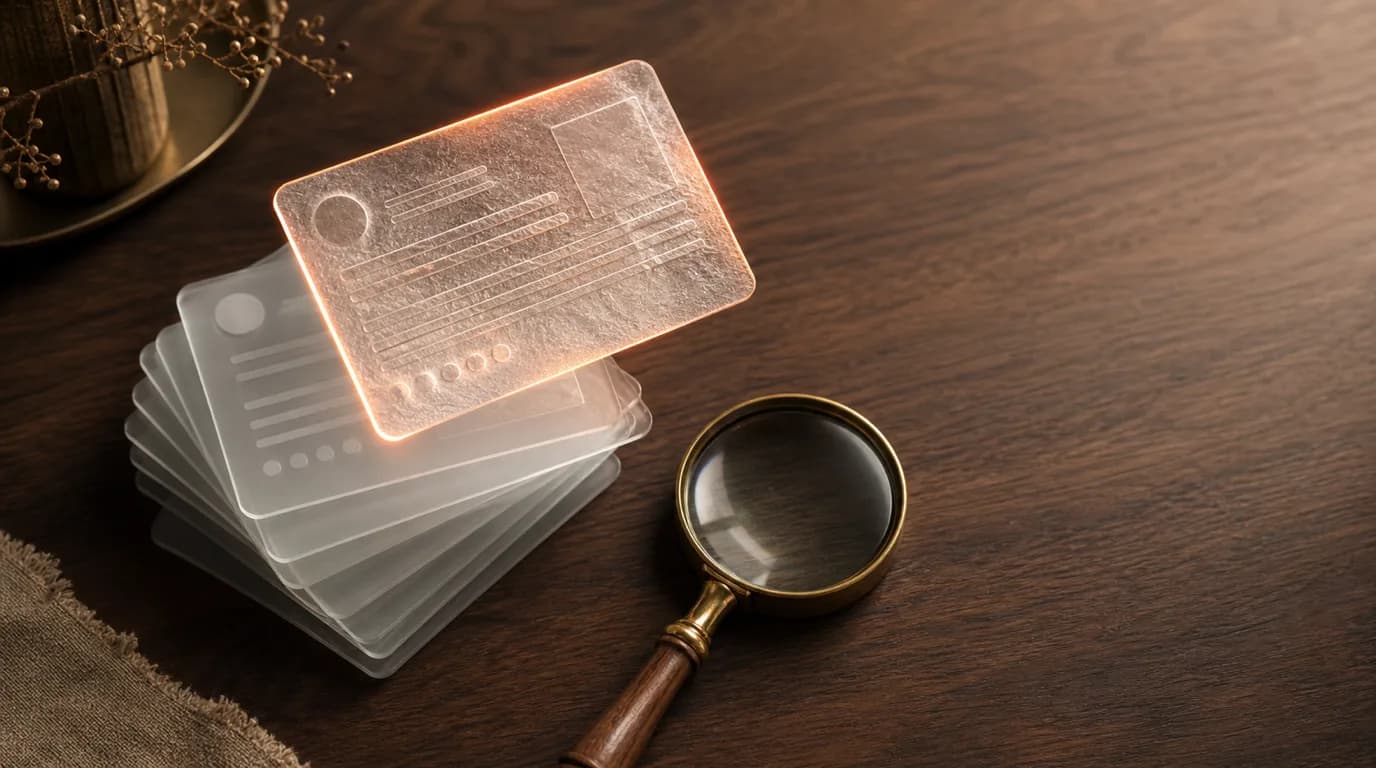 A stack of frosted translucent cards on a warm wooden desk with one detailed card lifted above the others beside a brass magnifying glass.