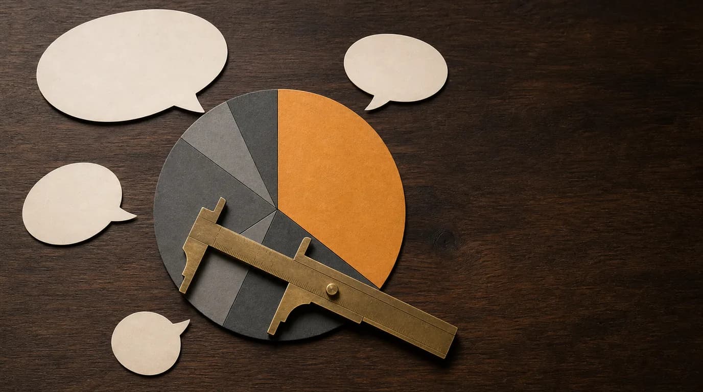 Overhead view of a hand-drawn five-slice pie chart on cream paper with one amber wedge, ringed by paper speech-bubble cutouts of different sizes and a brass caliper resting on a dark walnut desk.