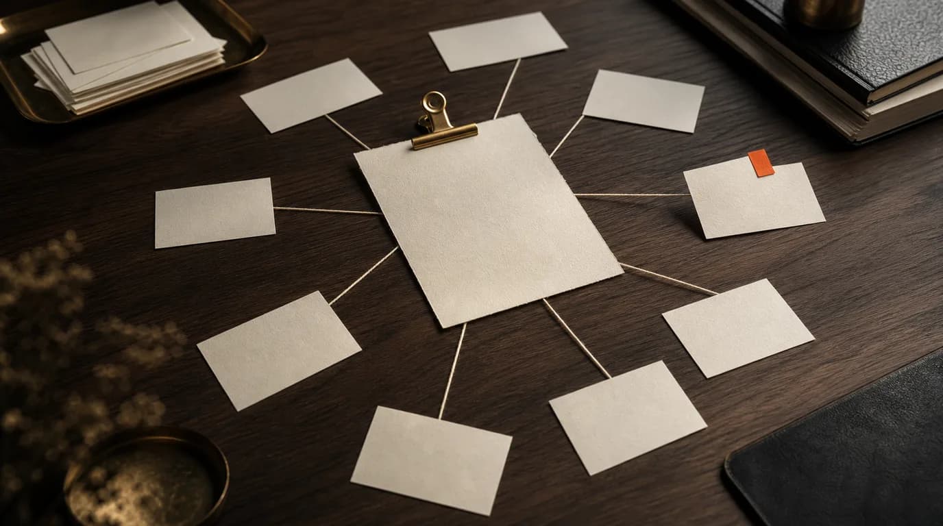 A clipped cream sheet at the center of a dark walnut desk with thin threads connecting it to a ring of smaller blank index cards, one lifted card marked with an amber tab, under soft studio light.