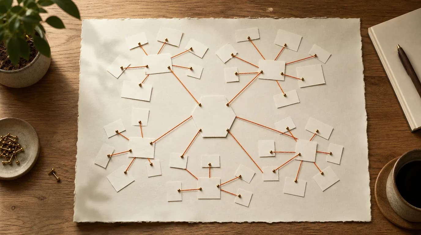 Overhead view of an oak desk where a central paper note card connects by orange threads and brass pins to dense clusters of smaller blank cards, forming a hub-and-spoke map.