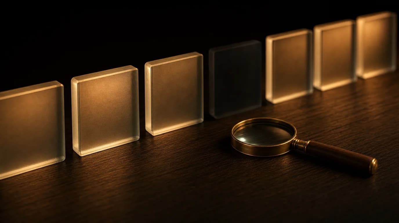 A row of frosted glass nameplate blocks on a dark wooden desk lit by warm amber light, all glowing except one dark, faint block near the middle, with a small brass magnifier resting beside it.