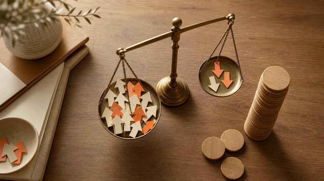 Overhead photo of a brass balance scale on a wooden desk with paper up and down arrow tokens collecting in one pan beside a growing stack of round wooden chips.