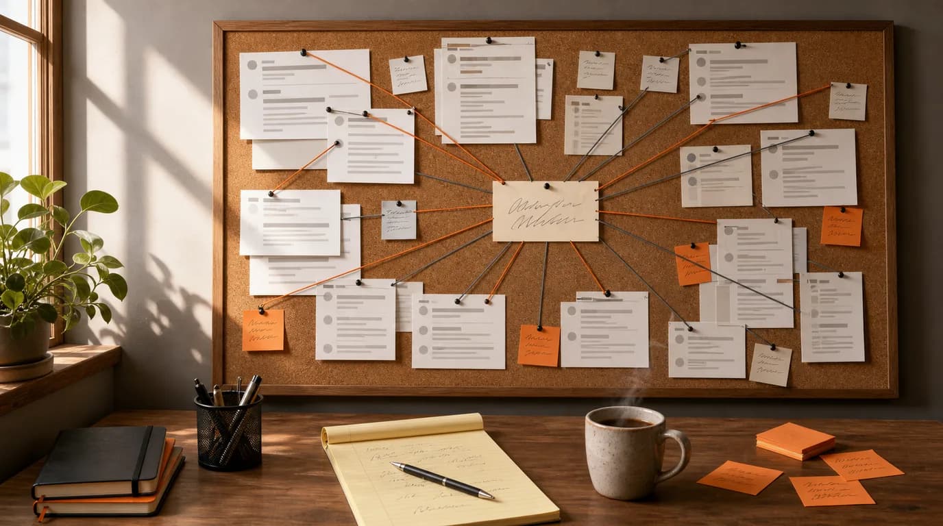 Overhead corkboard covered with pinned forum excerpts connected by orange and grey string to handwritten community label cards, wooden desk below with pencil on a yellow legal pad and ceramic mug.