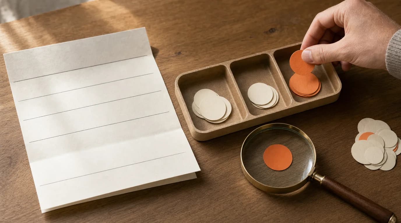 Overhead view of a hand sorting small cream and amber paper community tokens into shallow trays on a wooden desk, with a brass magnifying glass over one token and a blank ruled paper scorecard alongside.