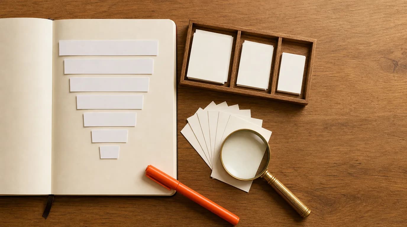Overhead view of a warm oak desk with an open cream notebook showing an inverted-pyramid diagram made of blank paper strips, a brass magnifying glass over a fanned stack of index cards, and an orange marker laid diagonally beside a small sorting tray.